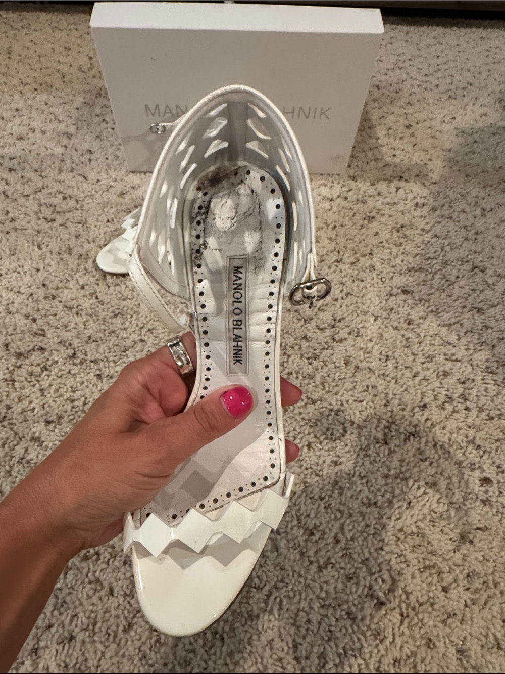 Manolo Blahnik White Cutout Leather Mid-Heels with Ankle Strap - Picture 2 of 4